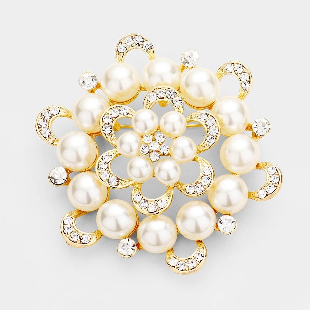 Gold Pearl Brooch Flower Crystal Pin 3 Inch Round Rhinestones Bling Accessory